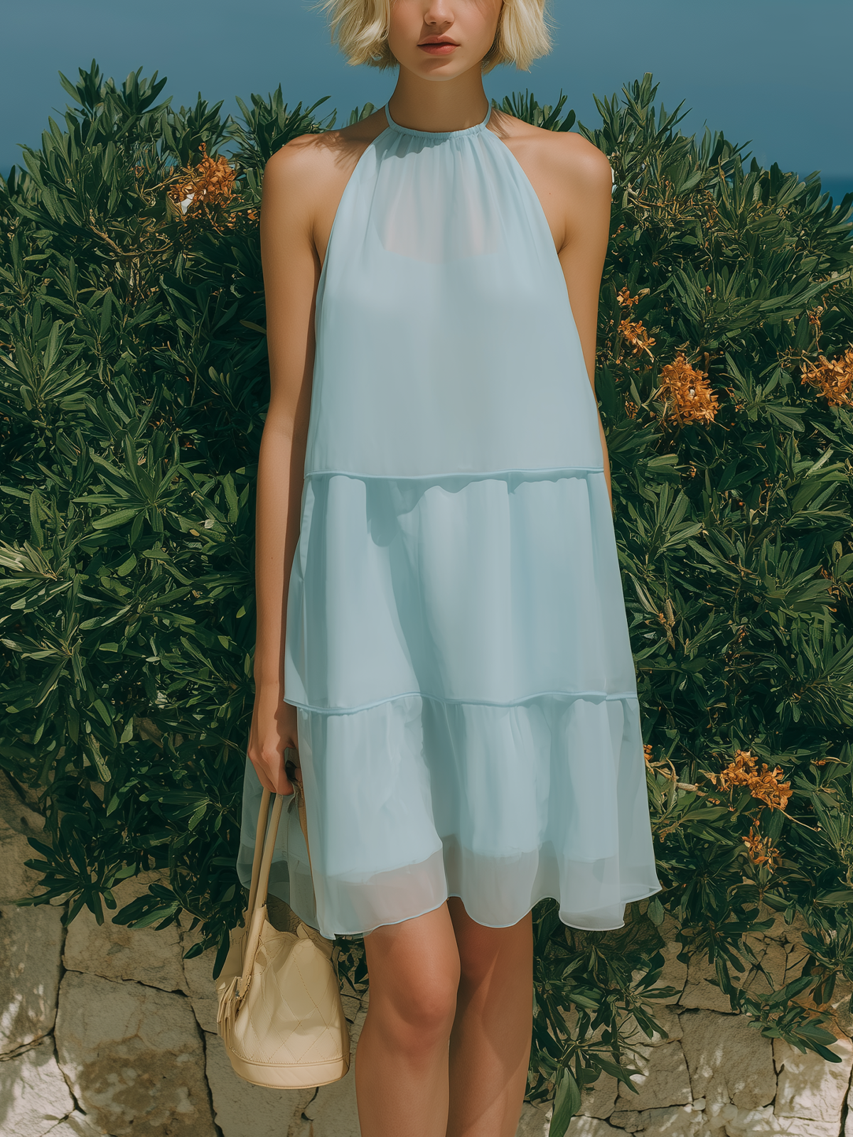 ElevenOra Chic Elegant Light Blue Chiffon Round-Neck Sleeveless Loose-Fit A-Line Mini Dress