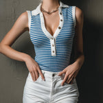 ElevenOra Chic Elegant Blue-White Stripes Button-Up Lapel Collar Sleeveless Slim-Fit Knit Vest Top