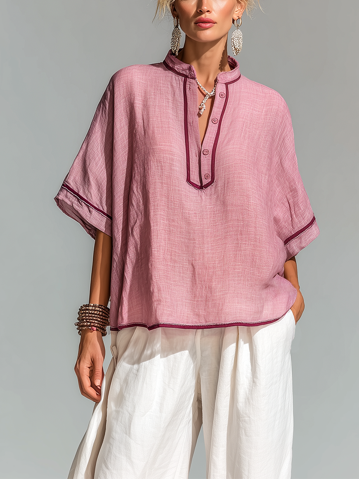 ElevenOra Chic Casual Dusty Pink Colorblock Stand Collar Button-Front Short-Sleeve Loose-Fit Cotton-Linen Shirt Top