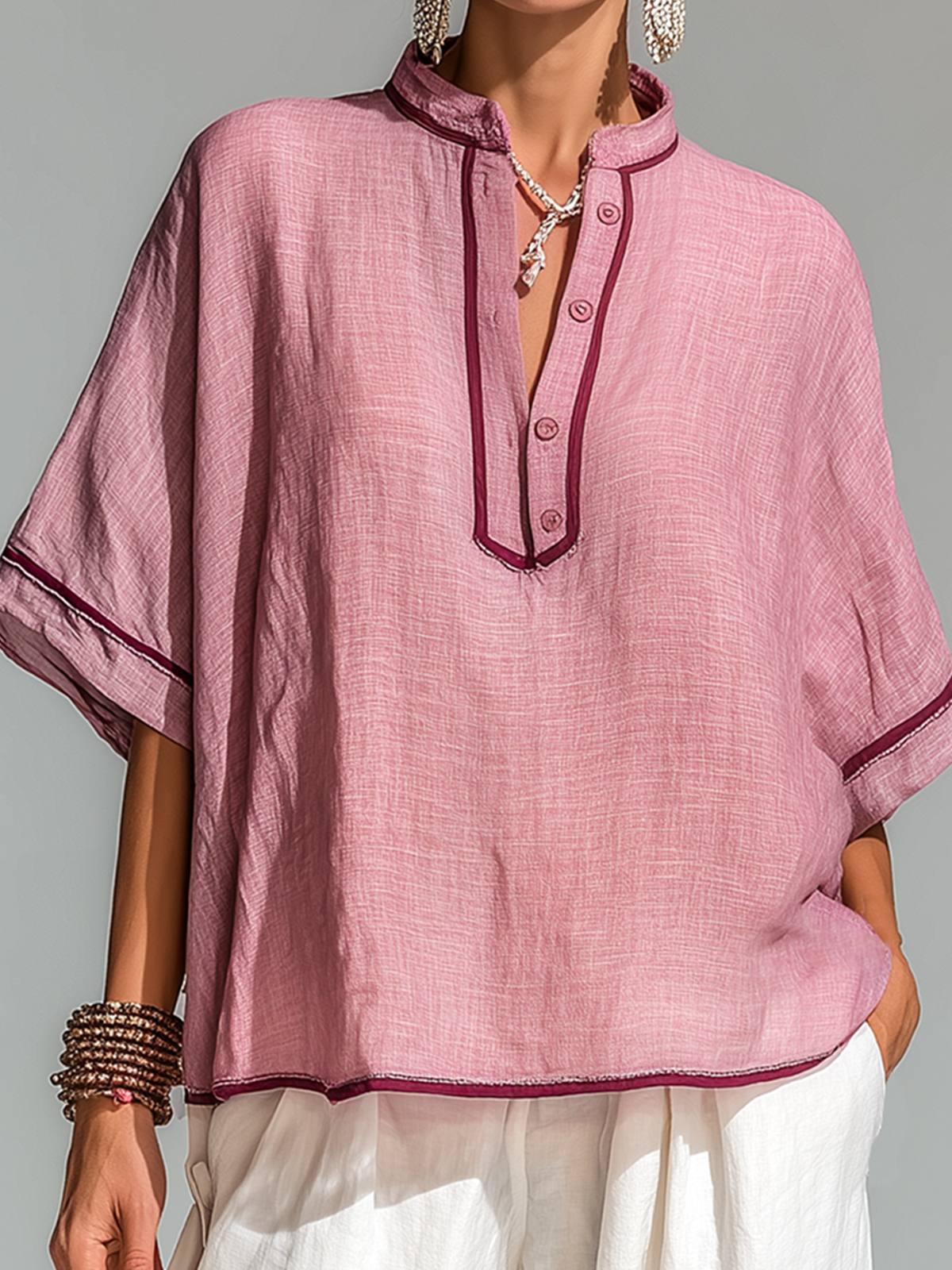 ElevenOra Chic Casual Dusty Pink Colorblock Stand Collar Button-Front Short-Sleeve Loose-Fit Cotton-Linen Shirt Top