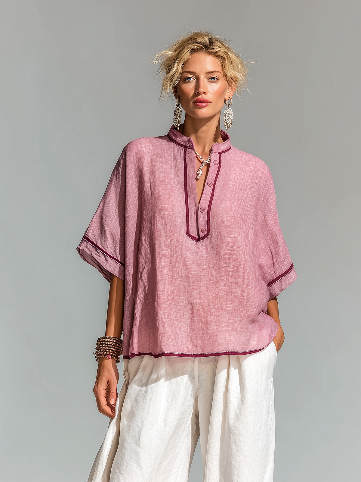 ElevenOra Chic Casual Dusty Pink Colorblock Stand Collar Button-Front Short-Sleeve Loose-Fit Cotton-Linen Shirt Top