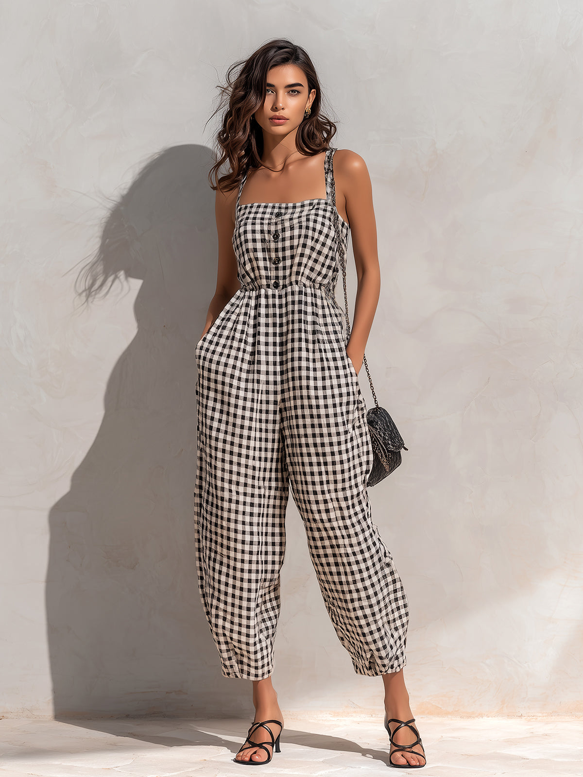 ElevenOra Chic Elegant Black-White Plaid Linen Blend Strappy Square-Neck Button-Front Sleeveless Loose-Fit Jumpsuit