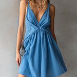 ElevenOra Chic Elegant Blue Linen Blend Strappy V-Neck Sleeveless Pleats Detail A-Line Mini Dress