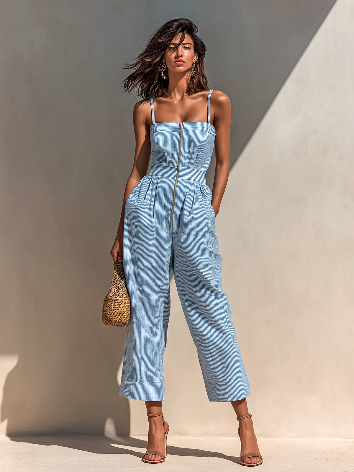 ElevenOra Chic Elegant Blue-White Pinstripe Cotton-Linen Blend Strappy Sleeveless Zipper-Front Wide-Leg Jumpsuit