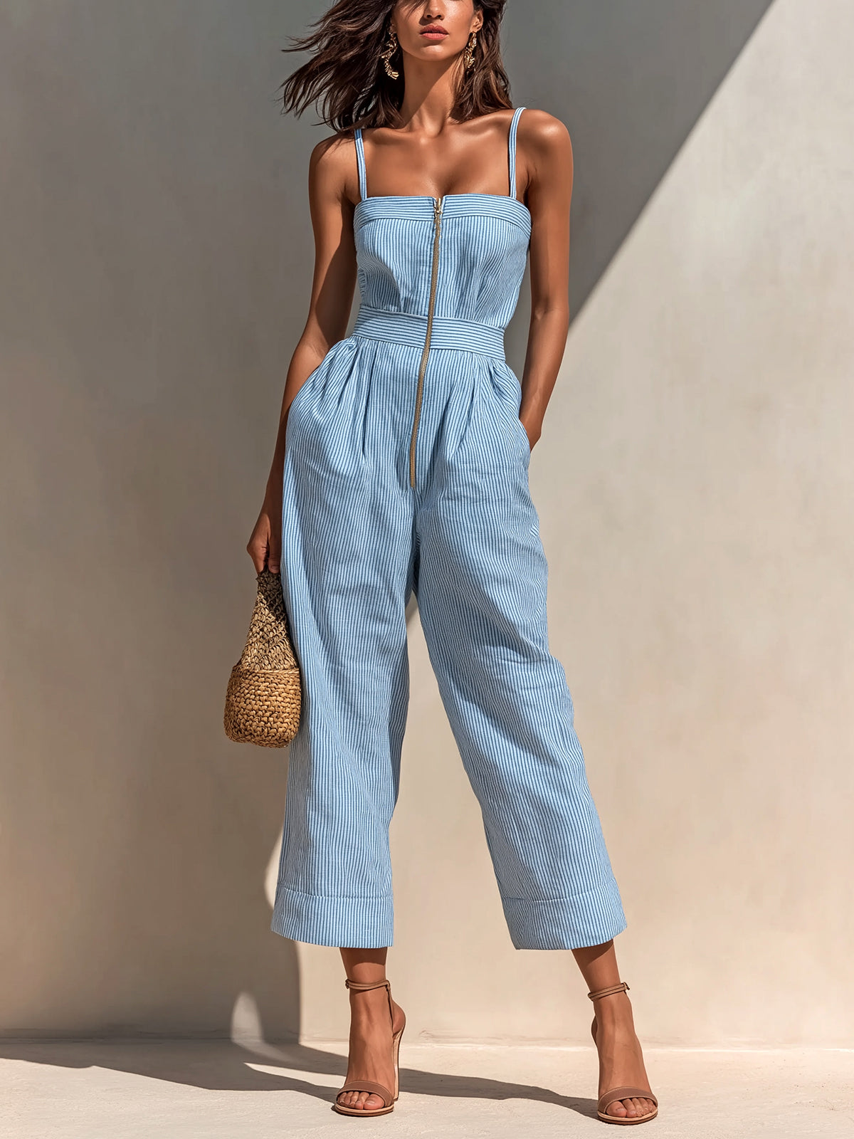 ElevenOra Chic Elegant Blue-White Pinstripe Cotton-Linen Blend Strappy Sleeveless Zipper-Front Wide-Leg Jumpsuit