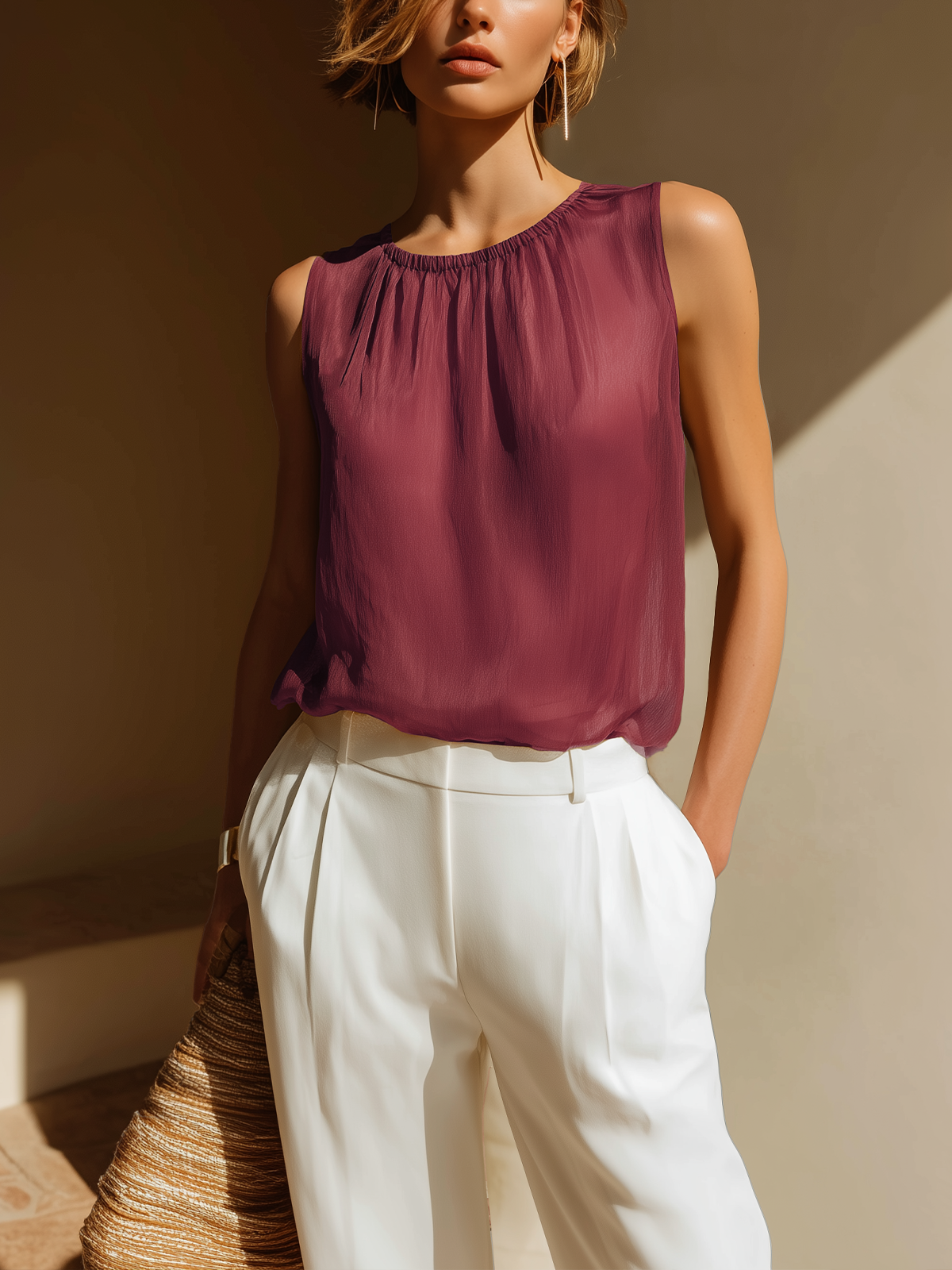ElevenOra Chic Elegant Camel Round-Neck Sleeveless Loose-Fit Chiffon Vest