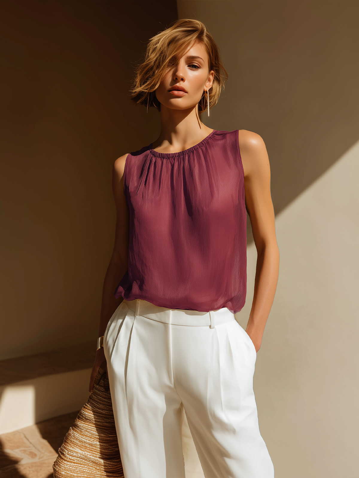 ElevenOra Chic Elegant Camel Round-Neck Sleeveless Loose-Fit Chiffon Vest