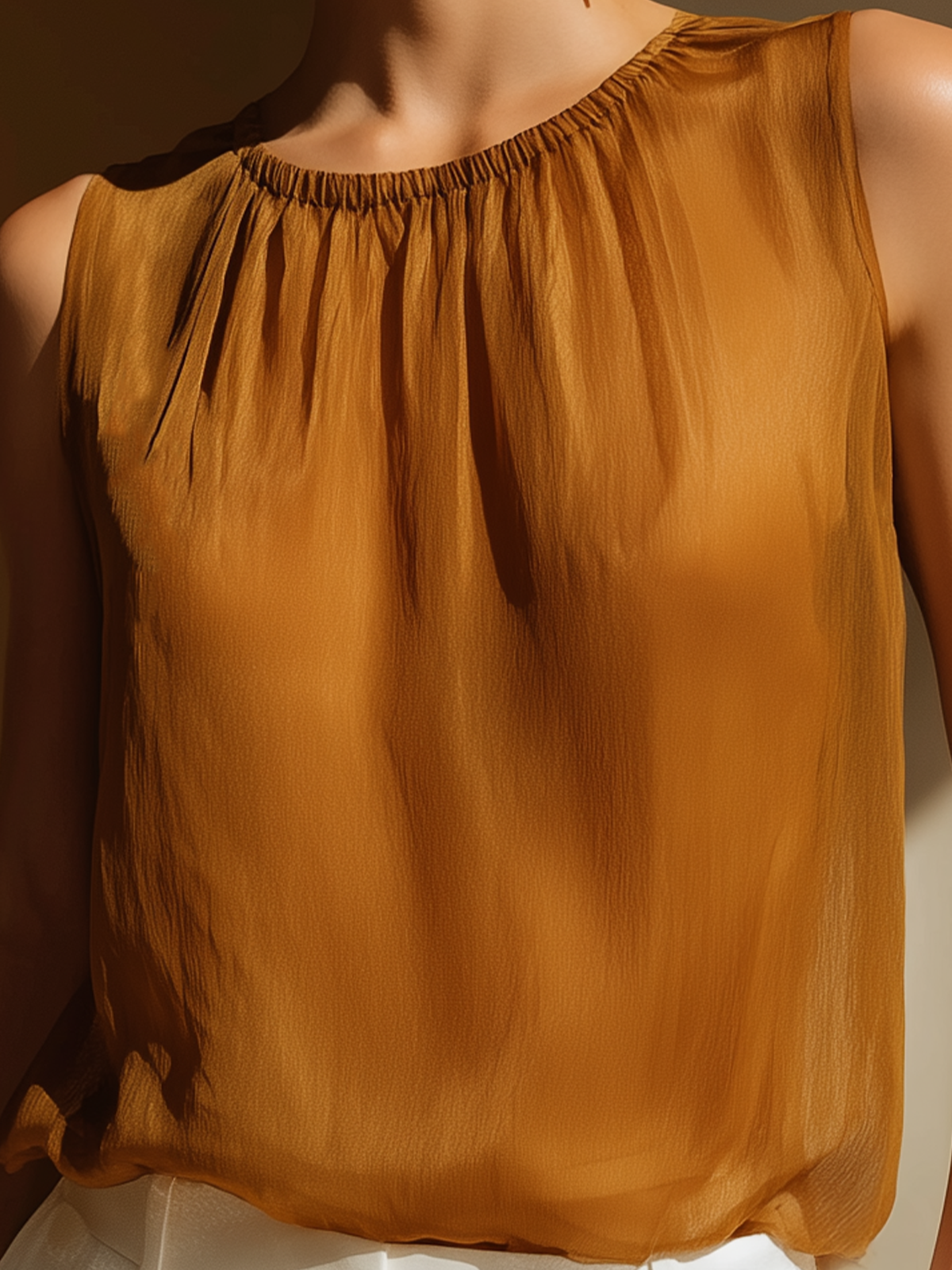 ElevenOra Chic Elegant Camel Round-Neck Sleeveless Loose-Fit Chiffon Vest