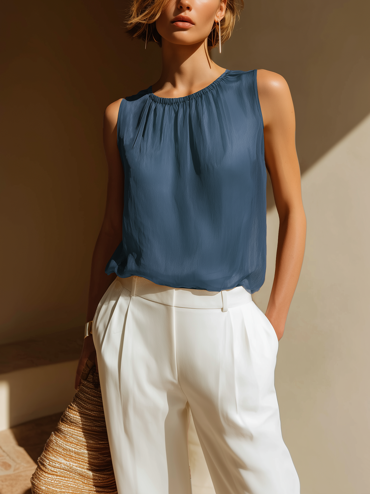 ElevenOra Chic Elegant Camel Round-Neck Sleeveless Loose-Fit Chiffon Vest
