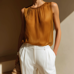 ElevenOra Chic Elegant Camel Round-Neck Sleeveless Loose-Fit Chiffon Vest