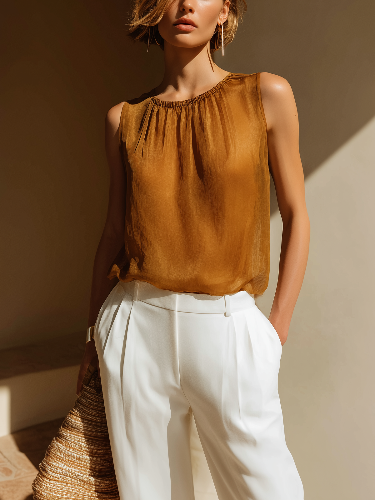 ElevenOra Chic Elegant Camel Round-Neck Sleeveless Loose-Fit Chiffon Vest