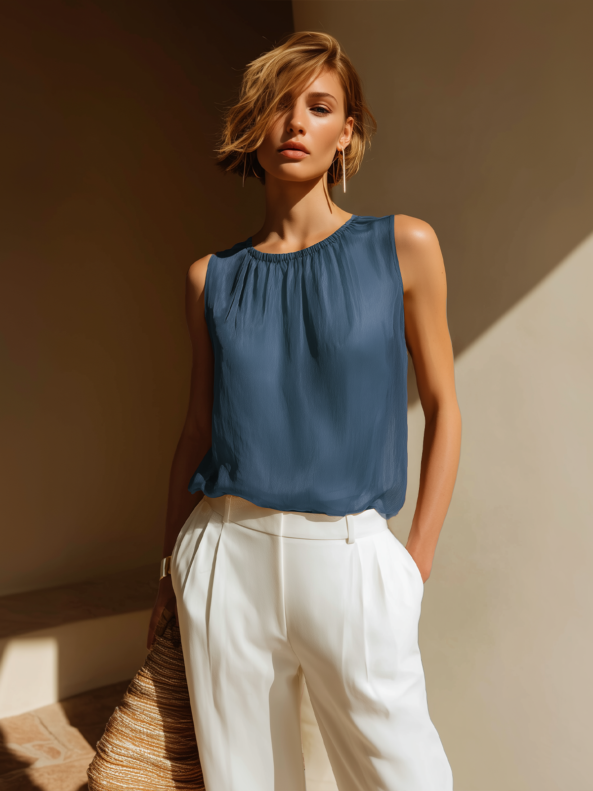 ElevenOra Chic Elegant Camel Round-Neck Sleeveless Loose-Fit Chiffon Vest