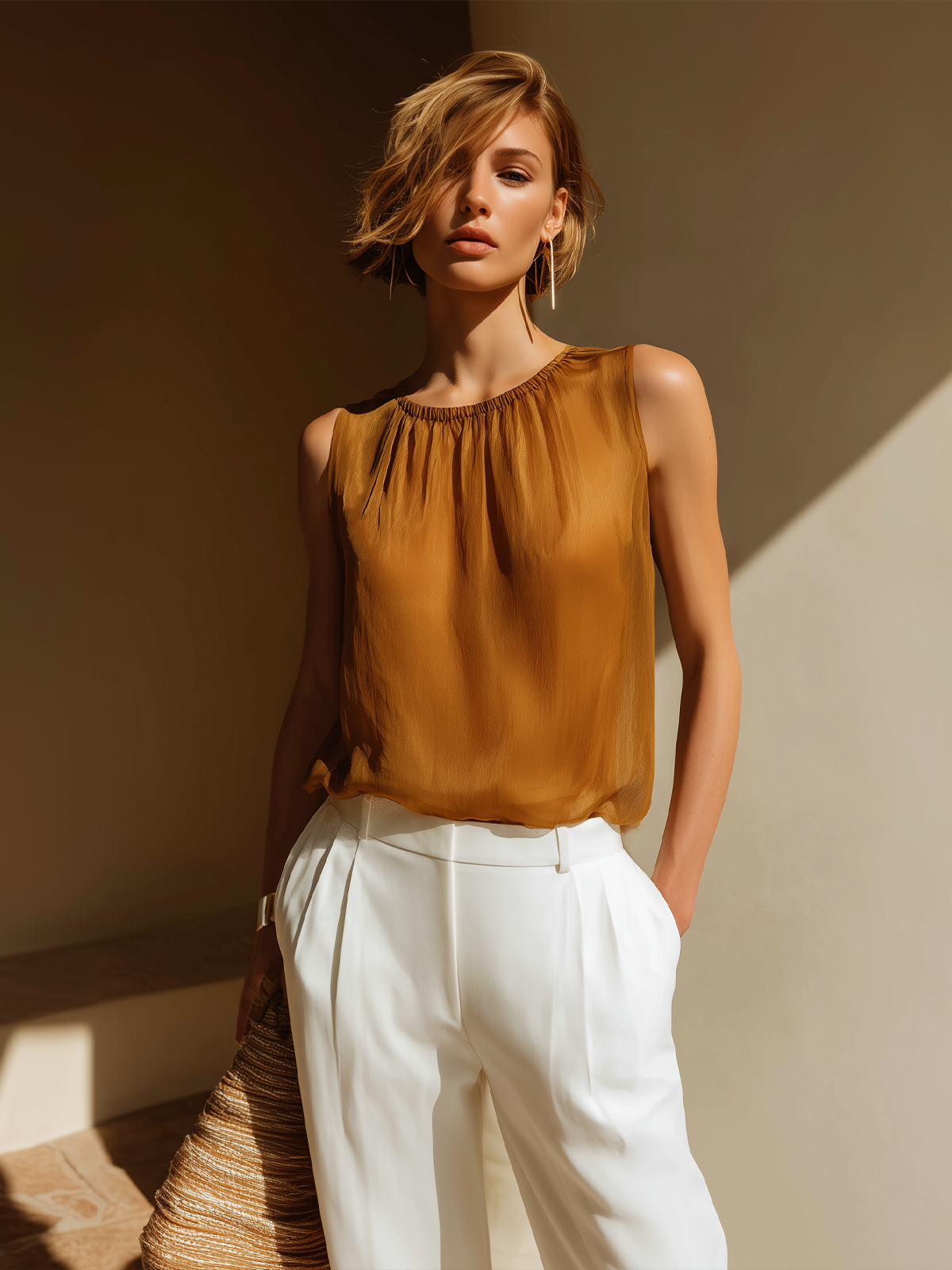 ElevenOra Chic Elegant Camel Round-Neck Sleeveless Loose-Fit Chiffon Vest