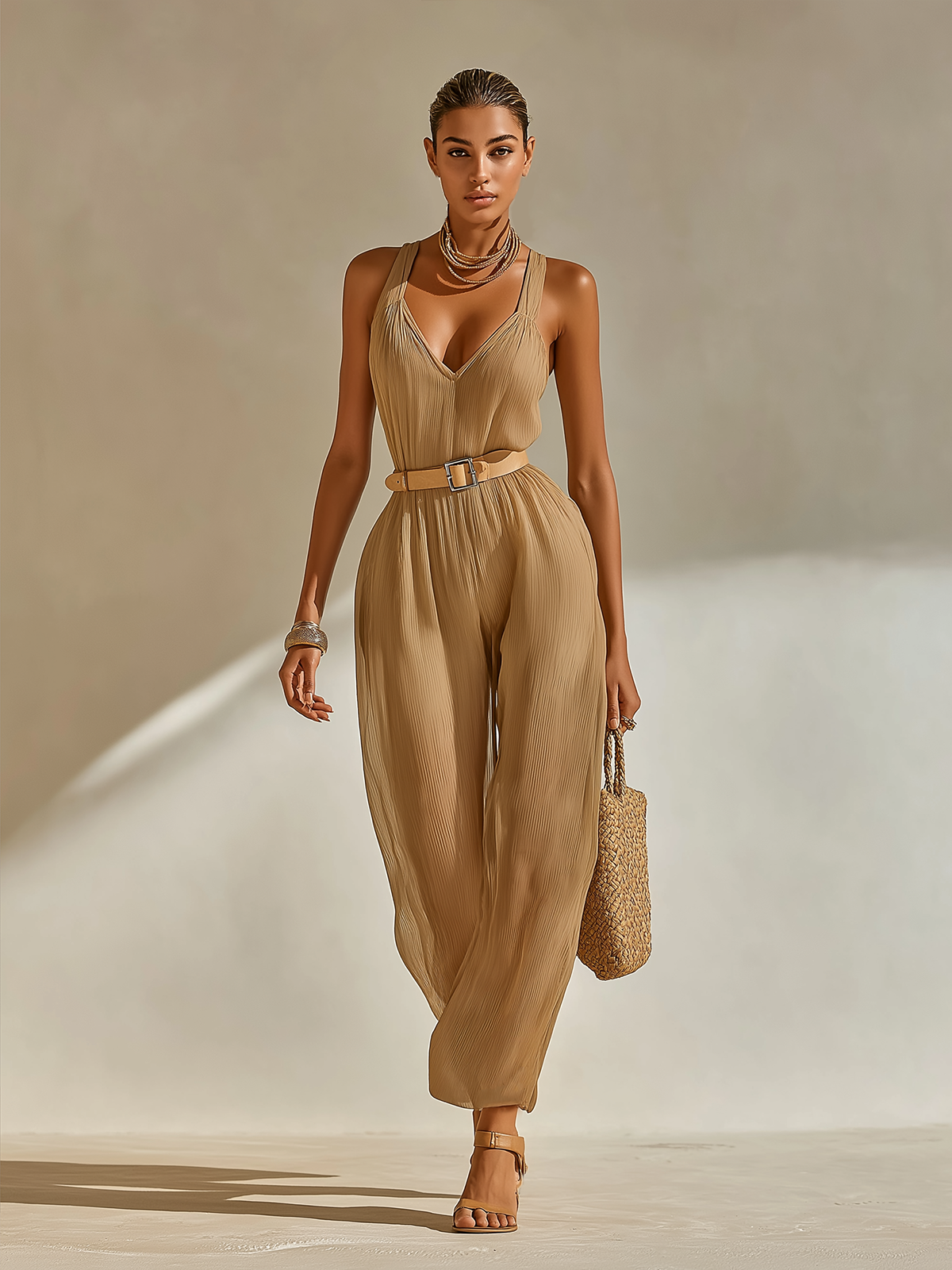 ElevenOra Chic Casual Camel Strappy V-Neck Sleeveless Belt Tailored Waist Wide Leg Chiffon Jumpsuit