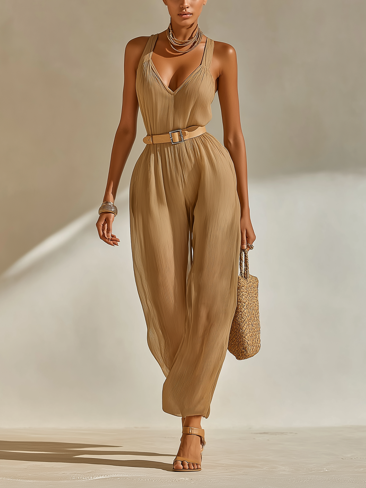 ElevenOra Chic Casual Camel Strappy V-Neck Sleeveless Belt Tailored Waist Wide Leg Chiffon Jumpsuit