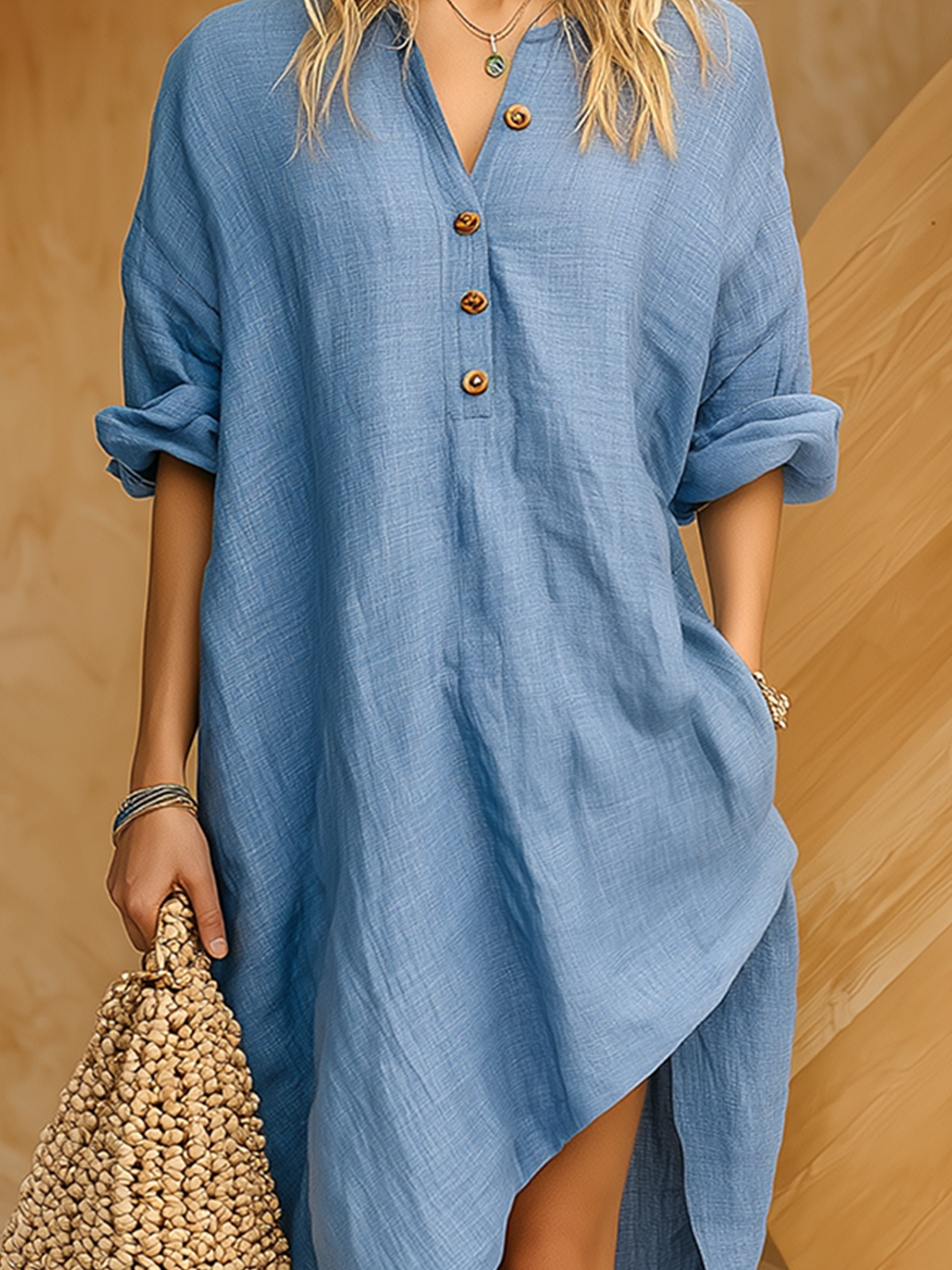 ElevenOra Chic Casual Blue Stand Collar Button-Front Half-sleeve Asymmetric Hem Loose Cotton-Linen Midi Dress