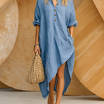 ElevenOra Chic Casual Blue Stand Collar Button-Front Half-sleeve Asymmetric Hem Loose Cotton-Linen Midi Dress
