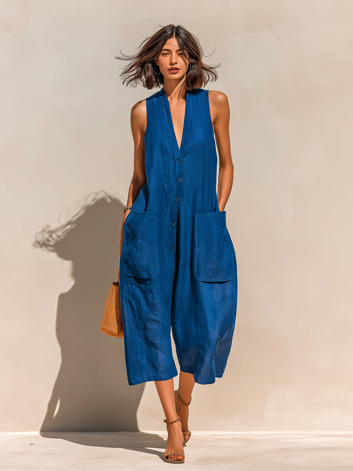 ElevenOra Chic Casual Royal Blue Linen Blend V-Neck Sleeveless Button-Front Patch Pockets Oversize Wide-Leg Jumpsuit