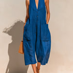 ElevenOra Chic Casual Royal Blue Linen Blend V-Neck Sleeveless Button-Front Patch Pockets Oversize Wide-Leg Jumpsuit