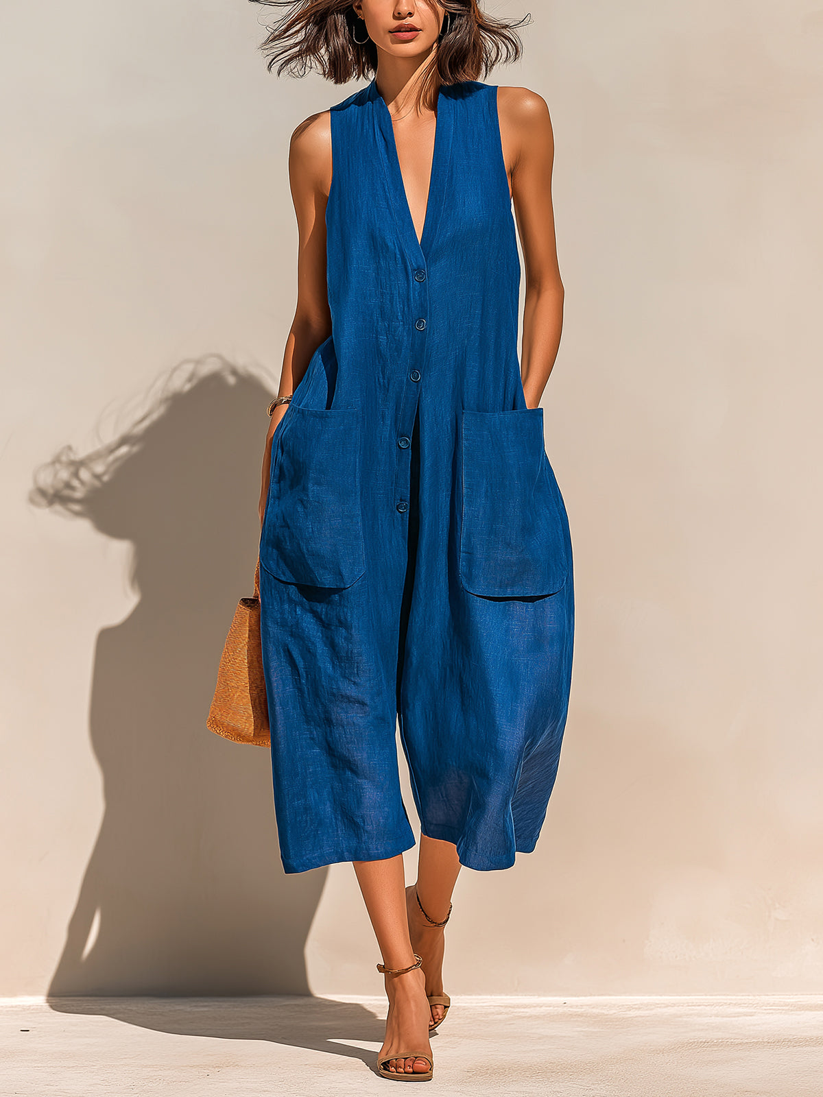 ElevenOra Chic Casual Royal Blue Linen Blend V-Neck Sleeveless Button-Front Patch Pockets Oversize Wide-Leg Jumpsuit