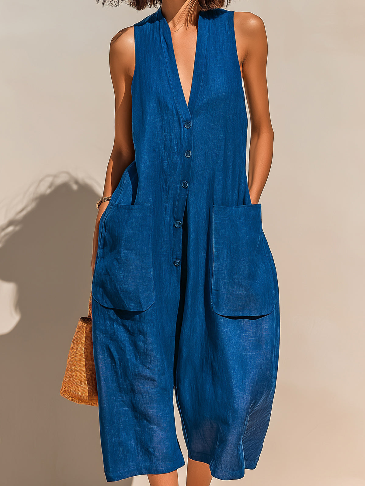 ElevenOra Chic Casual Royal Blue Linen Blend V-Neck Sleeveless Button-Front Patch Pockets Oversize Wide-Leg Jumpsuit