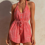 ElevenOra Chic Casual Red-White Plaids Cotton Blend Halter V-Neck Sleeveless Button-Front Drawstring Waist Loose-Fit Romper