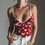 ElevenOra Chic Elegant Red-White Heart Jacquard Strappy V-Neck Sleeveless Slim-Fit Ribbed Knit Camisole