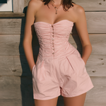 ElevenOra Chic Casual Pink Strapless Ruched Sleeveless Button-Front Cotton Blend Romper