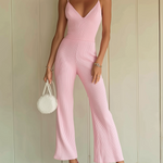 ElevenOra Chic Elegant Pink V-Neck Strappy Sleeveless Slim-Fit Wide Leg Ribbed Knit Jumpsuit