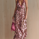 ElevenOra Chic Elegant Pink Leopard Print Halter Deep V-Neck Contrast Binding Sleeveless  A-Line Crinkled Chiffon Maxi Dress