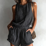 ElevenOra Chic Casual Black Stripe Linen Blend Boat-Neck Sleeveless Tailored-Waist Loose-Fit Romper