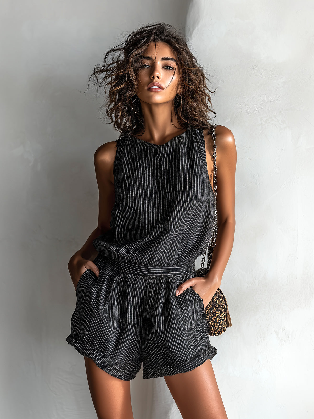 ElevenOra Chic Casual Black Stripe Linen Blend Boat-Neck Sleeveless Tailored-Waist Loose-Fit Romper