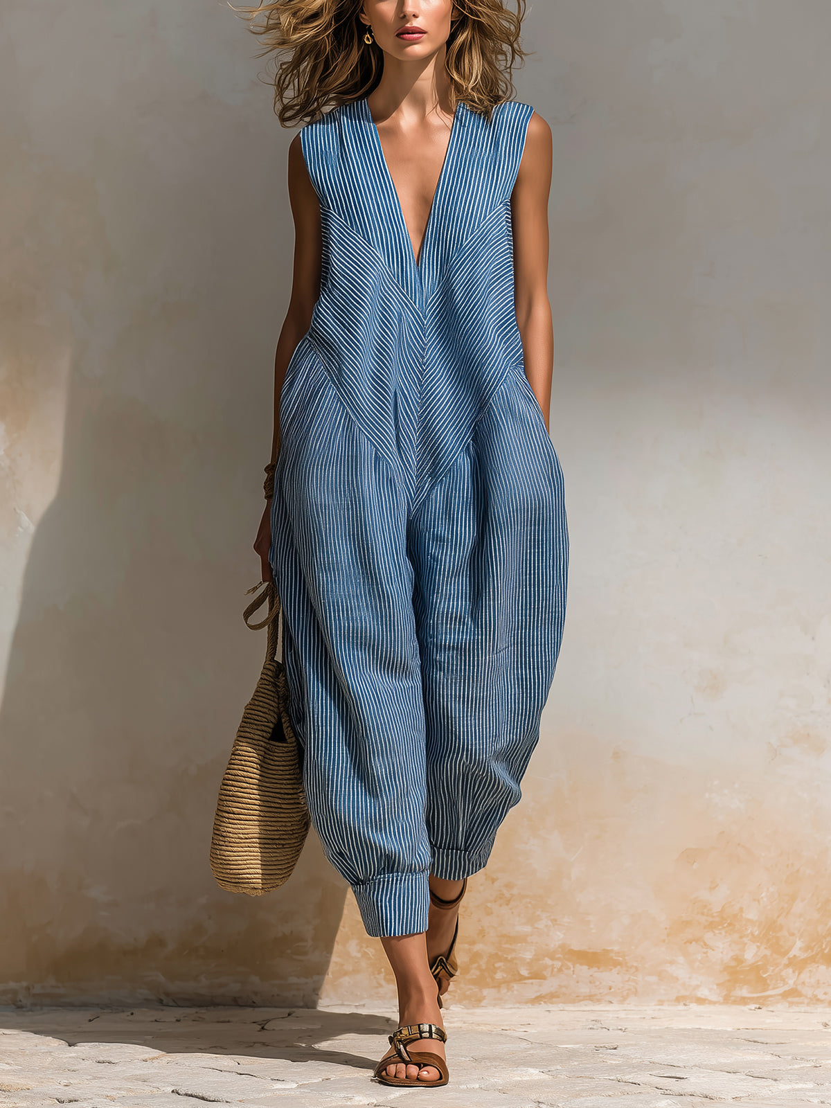 ElevenOra Chic Casual Blue-White Stripe Cotton-Linen Blend V-Neck Sleeveless Patchwork Loose-Fit Cuffed Jumpsuit