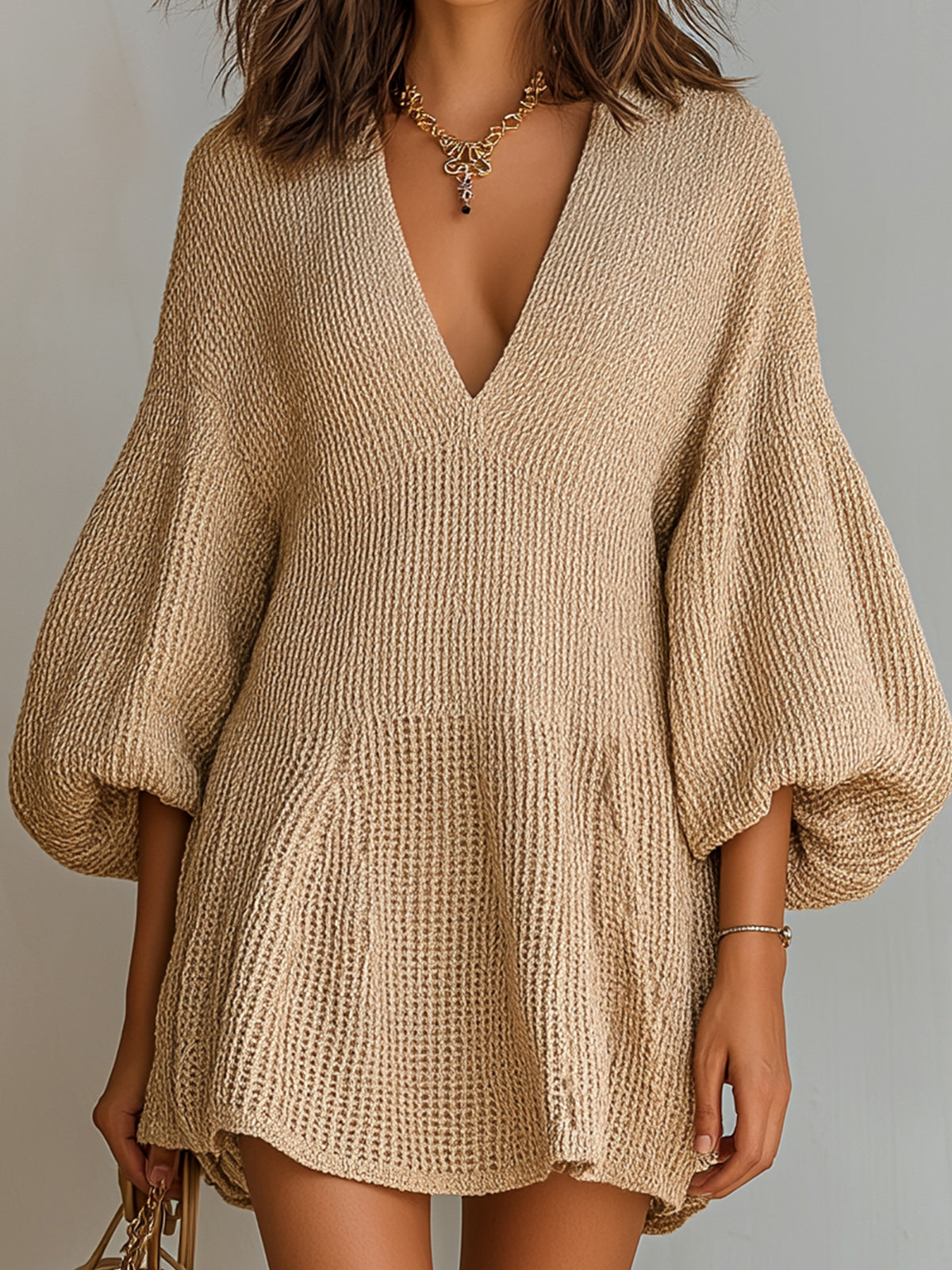 ElevenOra Chic Elegant Camel Deep V-Neck Lantern-Sleeve A-Line Loose-Fit Waffle-Knit Mini Dress