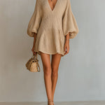 ElevenOra Chic Elegant Camel Deep V-Neck Lantern-Sleeve A-Line Loose-Fit Waffle-Knit Mini Dress