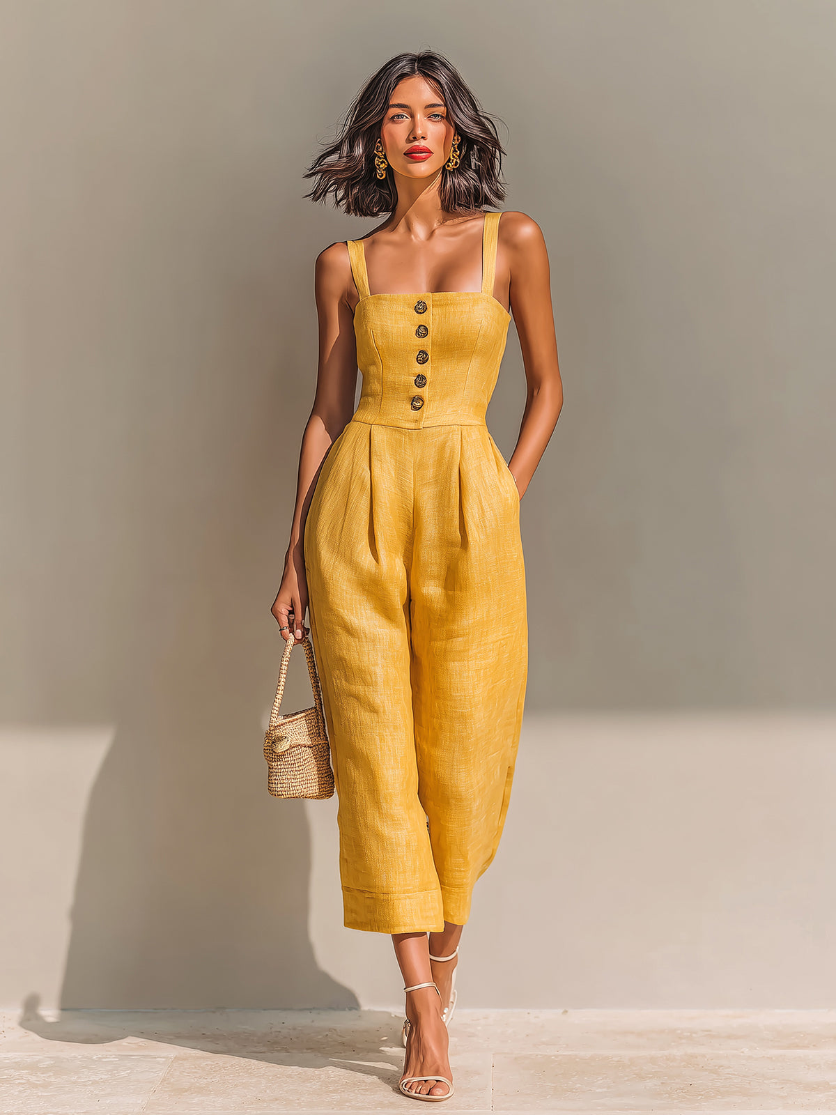 ElevenOra Chic Casual Yellow Linen Blend Strappy Sleeveless Button-Up Square-Neck Tailored-Waist Wide-Leg Jumpsuit
