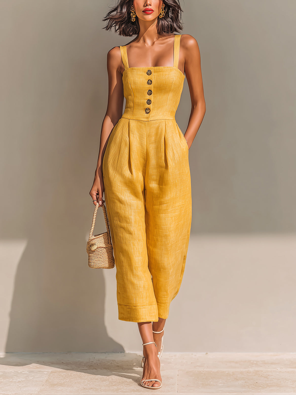 ElevenOra Chic Casual Yellow Linen Blend Strappy Sleeveless Button-Up Square-Neck Tailored-Waist Wide-Leg Jumpsuit