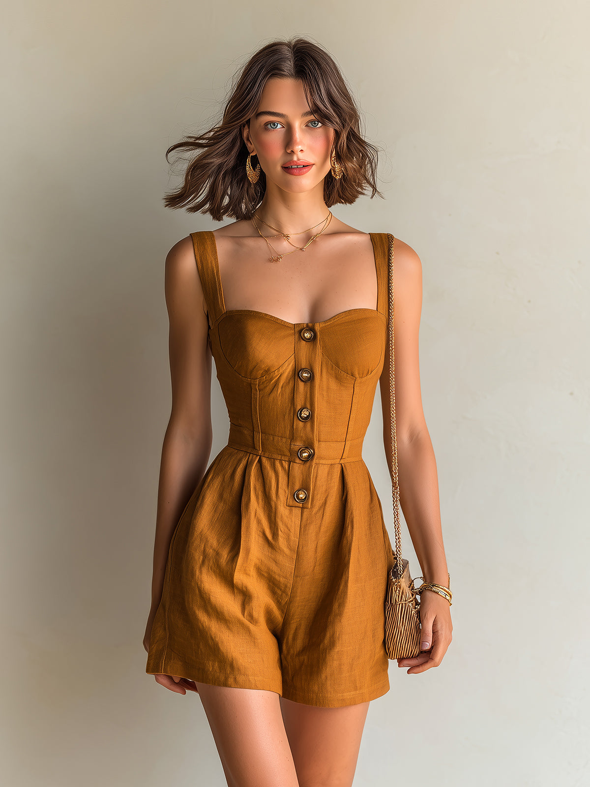 ElevenOra Chic Casual Caramel-Brown Linen Strappy Sleeveless Square-Neck Button-Front Tailored-Waist Romper