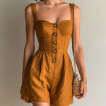 ElevenOra Chic Casual Caramel-Brown Linen Strappy Sleeveless Square-Neck Button-Front Tailored-Waist Romper