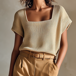 ElevenOra Chic Casual Light Camel Square-Neck Short Sleeve Loose-Fit Ribbed Knit Sweater