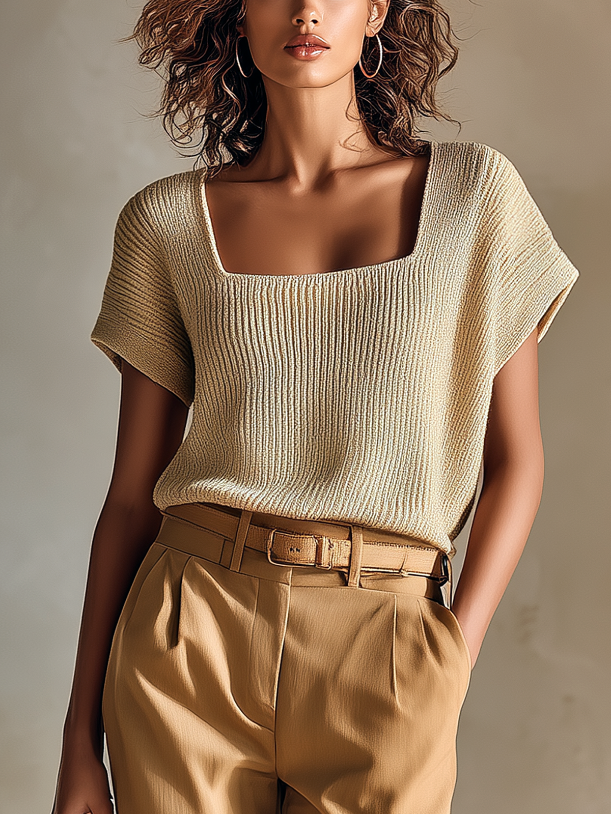 ElevenOra Chic Casual Light Camel Square-Neck Short Sleeve Loose-Fit Ribbed Knit Sweater