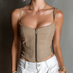 ElevenOra Chic Casual Camel Linen Blend Thin Straps Square-Neck Zipper-Front Slim-Fit Vest Top