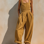 ElevenOra Chic Casual Ginger Yellow Wide Strap Square-Neck Sleeveless Tailored-Waist Loose-Fit Cotton-Linen Blend Jumpsuit