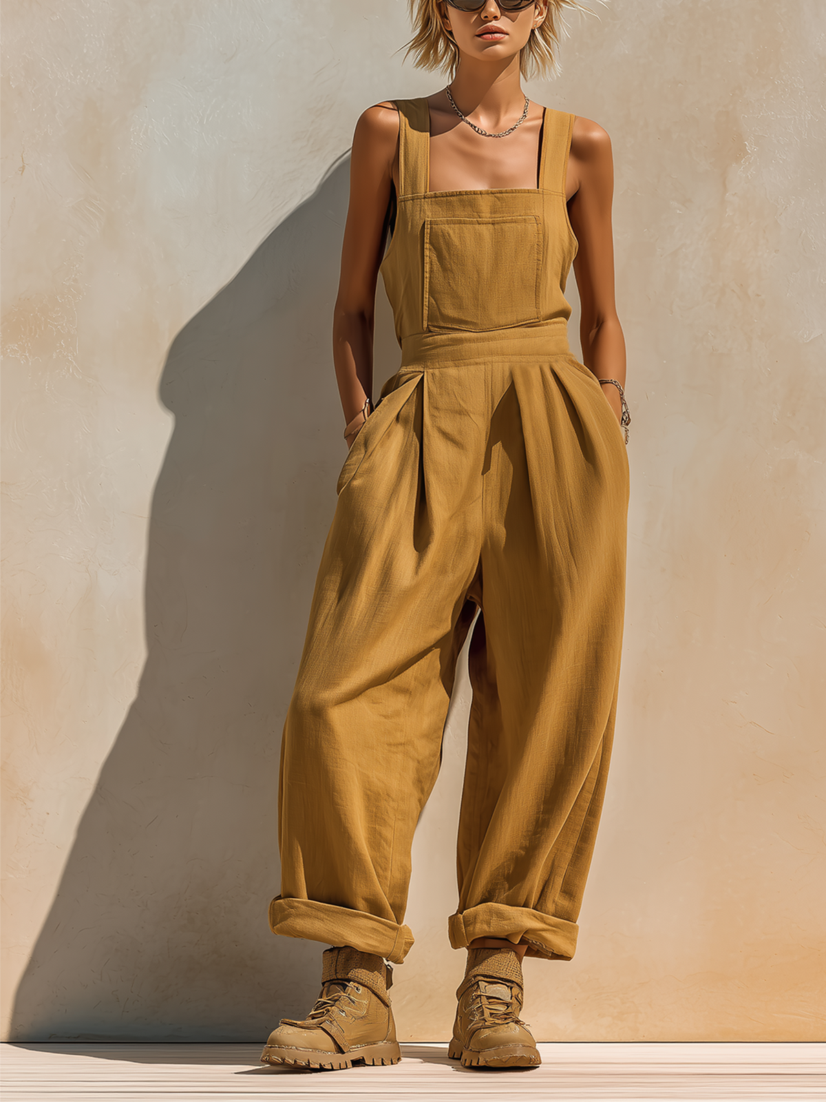 ElevenOra Chic Casual Ginger Yellow Wide Strap Square-Neck Sleeveless Tailored-Waist Loose-Fit Cotton-Linen Blend Jumpsuit