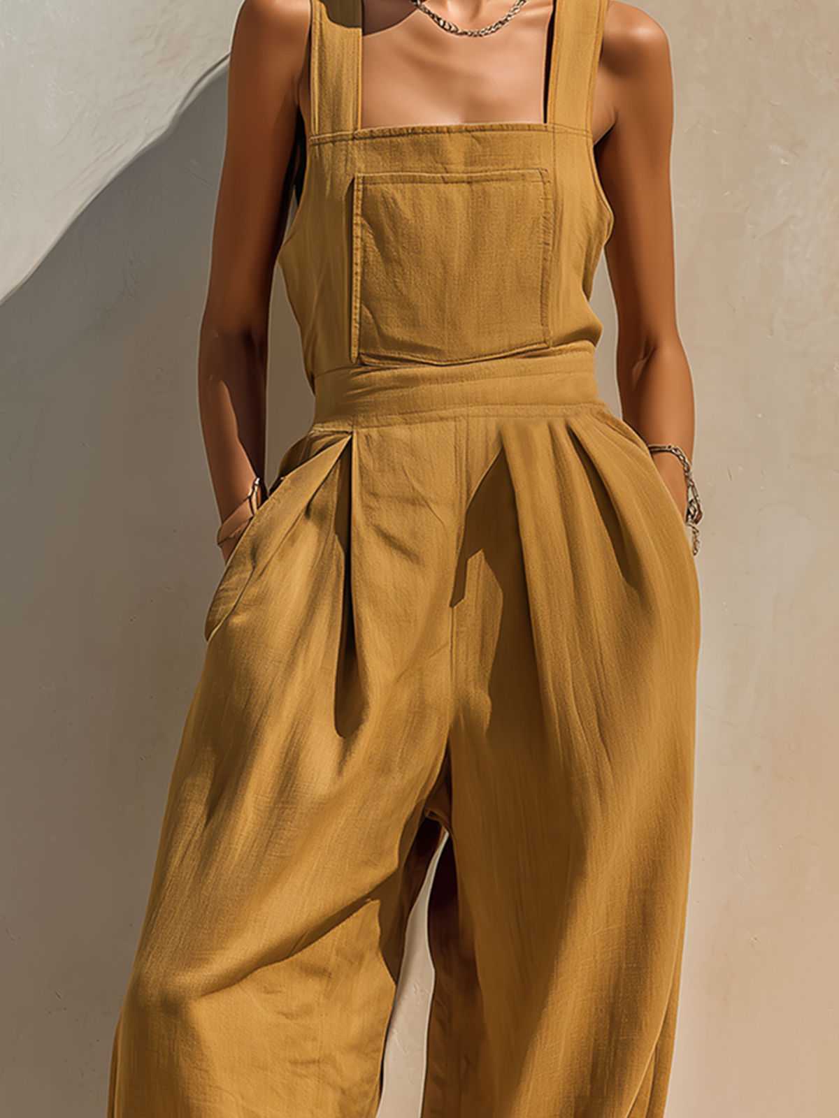 ElevenOra Chic Casual Ginger Yellow Wide Strap Square-Neck Sleeveless Tailored-Waist Loose-Fit Cotton-Linen Blend Jumpsuit