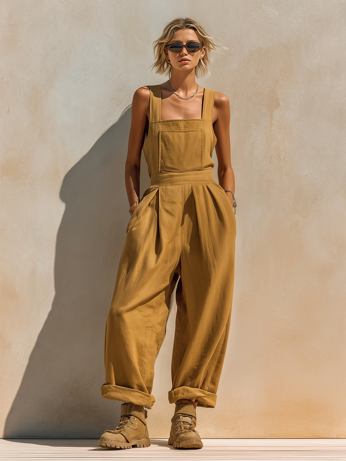 ElevenOra Chic Casual Ginger Yellow Wide Strap Square-Neck Sleeveless Tailored-Waist Loose-Fit Cotton-Linen Blend Jumpsuit
