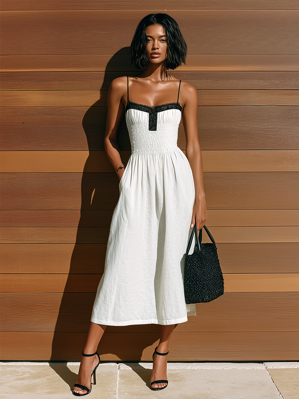 ElevenOra Chic Elegant White Spaghetti Straps Square-Neck Lace Trim Sleeveless Elastic-Waist A-Line Cotton Blend Midi Dress