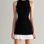 ElevenOra Chic Elegant Black Round-Neck Sleeveless Chiffon Ruffle Patchwork Details Bodycon Knit Mini Dress