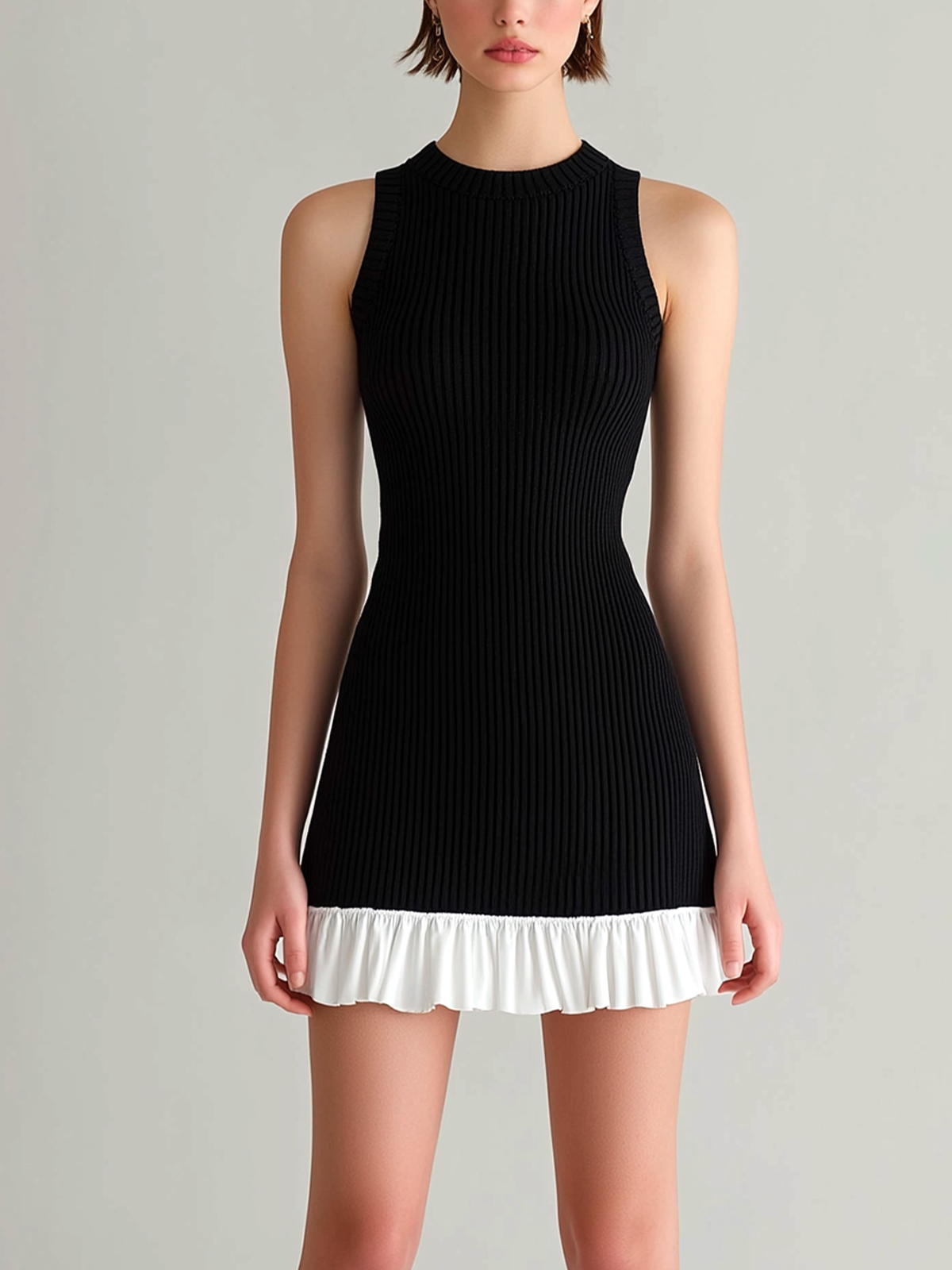 ElevenOra Chic Elegant Black Round-Neck Sleeveless Chiffon Ruffle Patchwork Details Bodycon Knit Mini Dress