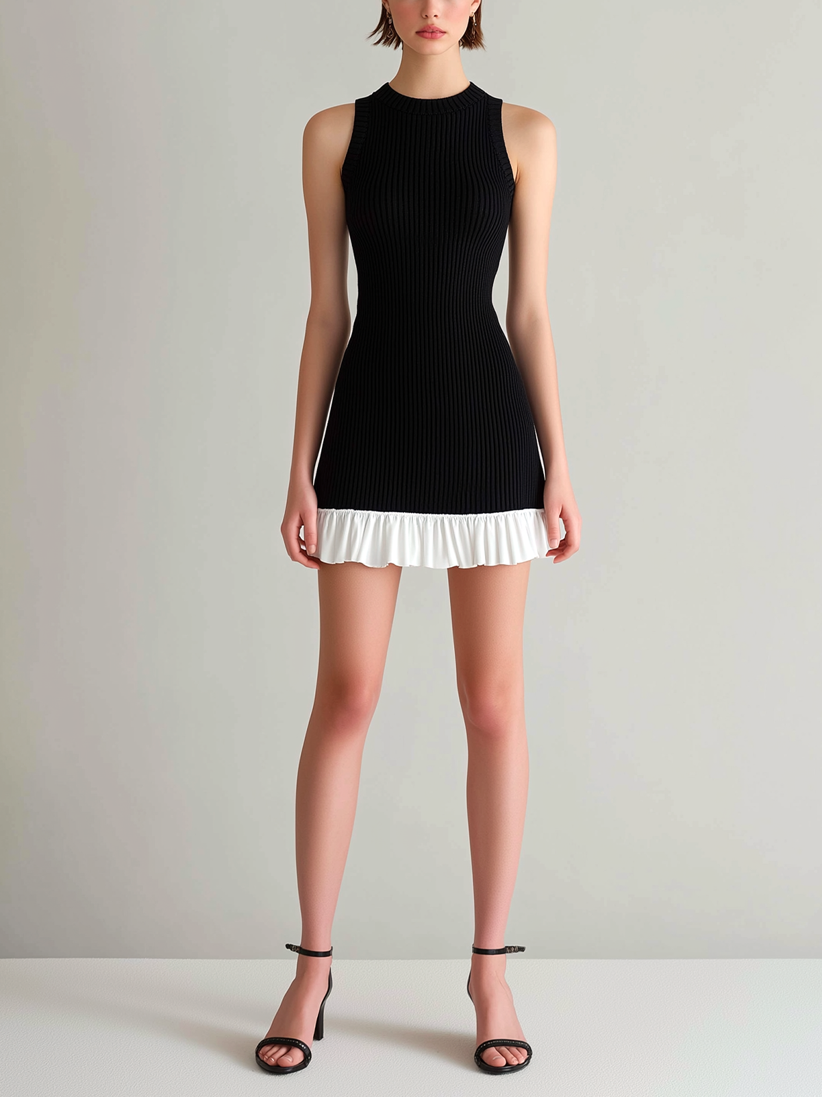ElevenOra Chic Elegant Black Round-Neck Sleeveless Chiffon Ruffle Patchwork Details Bodycon Knit Mini Dress